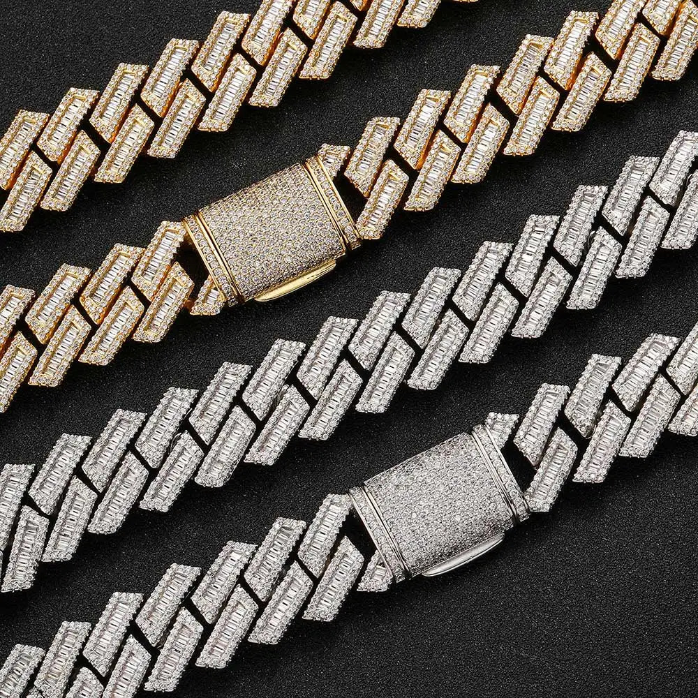 14mm Baguette CZ Miami Cuban Link Chain Cubic Zirconia Copper Silver Plated 7-24 with Iced Lock Hip Hop Jewelry for Men Boy 240226