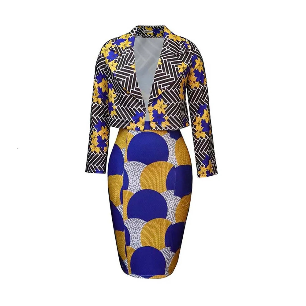 Blazer Skirt Set Women Multicolor Print Lapel Long Sleeve Short Jacket Coat High Waist Midi Suits African Two Piece Outfit 240226wtt