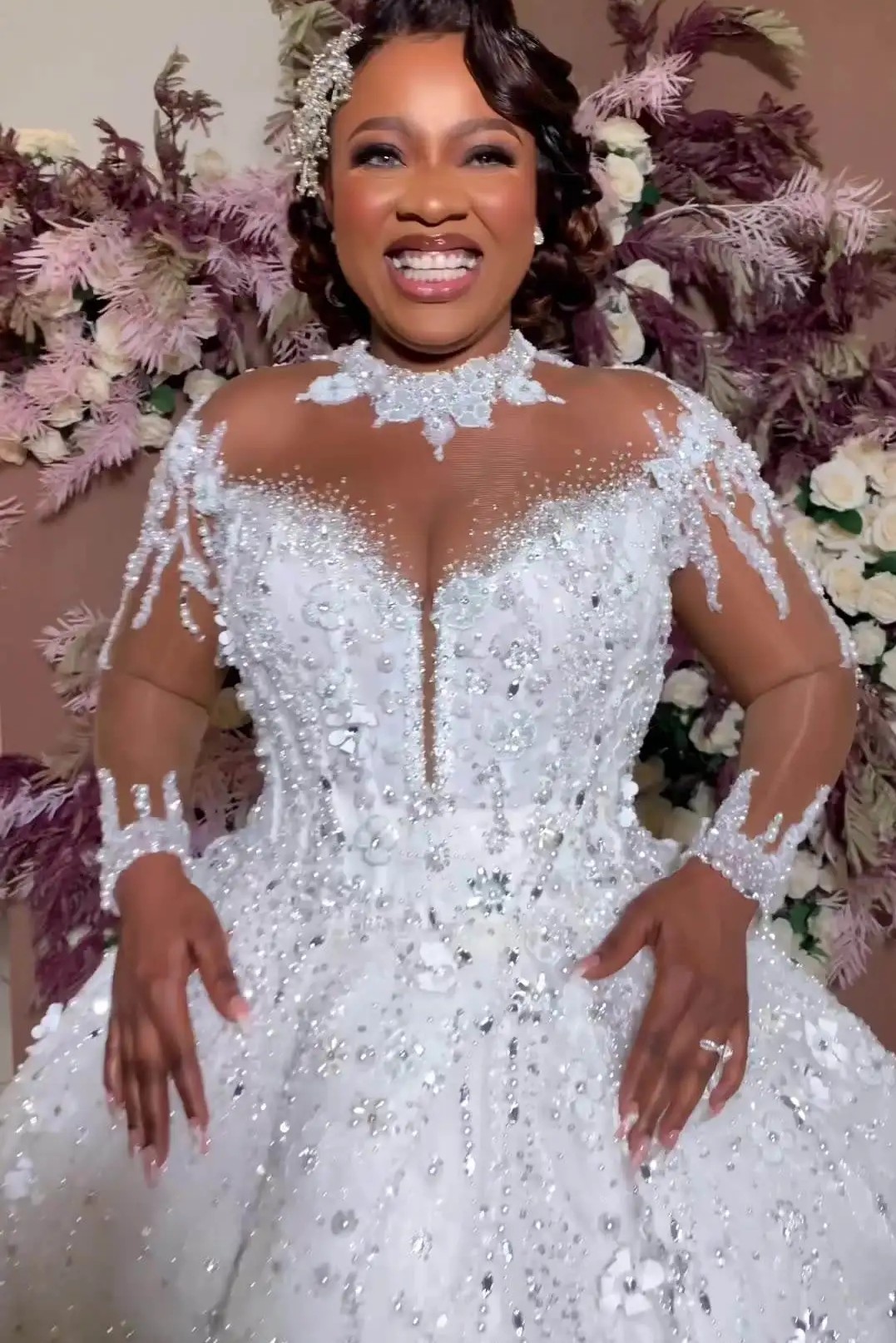 Arabic Wedding Dress High Neck See Through 3D ral Beaded Corset Back Bridal Gown - 2024