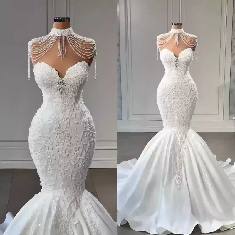 Mermaid Wedding Gorgeous Dresses Bridal Gown Off The Shoulder Sweetheart Necke Beading Sweep Train Satin Plus Size Vestidos De Sweeart