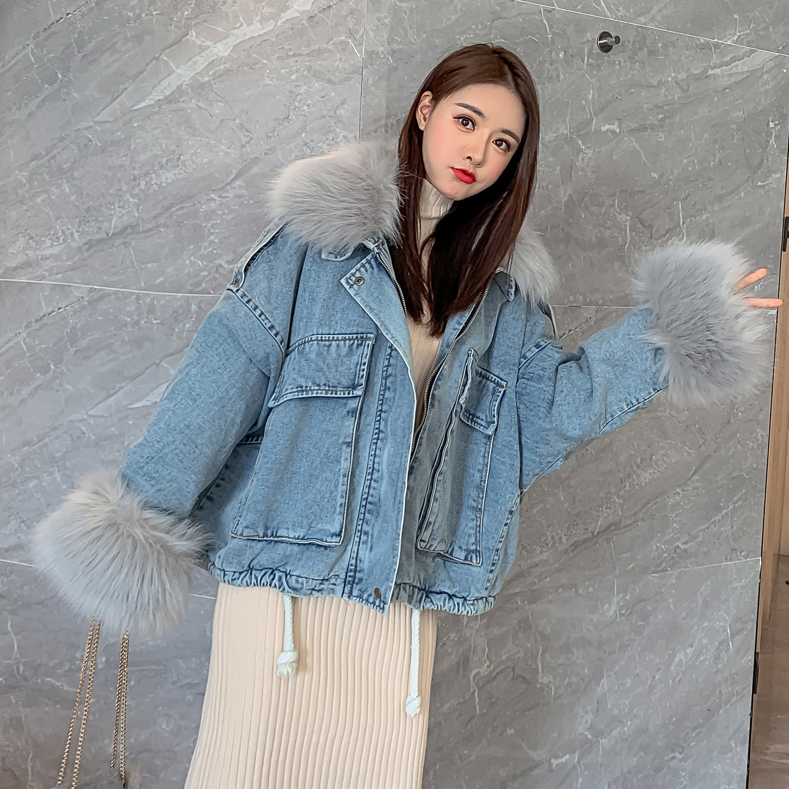 Women's Jacket Faux Collar - Casual Long Sleeve Overcoat, 100% Cotton, Blue Denim With White Fur