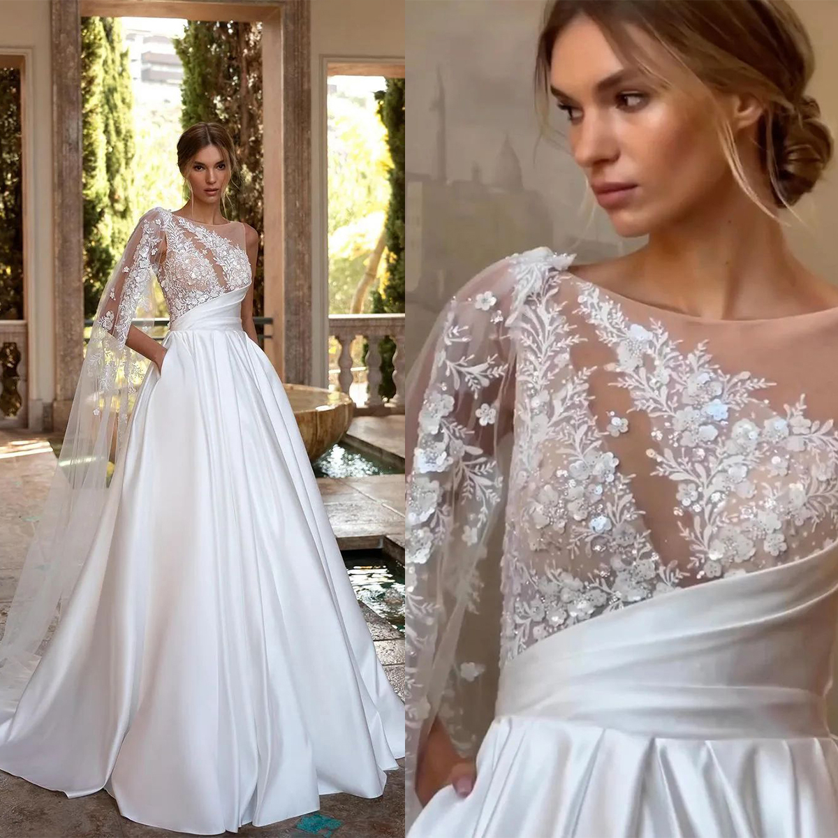 Classic A e Women Wedding Jewel Neck Sleeveless Bridal Gowns Appliques Sweep Train Dress Custom Made vestidos de novia