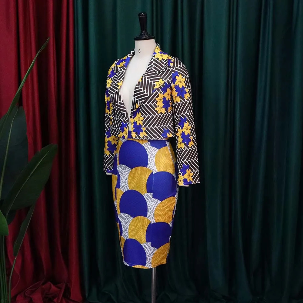 Blazer Skirt Set Women Multicolor Print Lapel Long Sleeve Short Jacket Coat High Waist Midi Suits African Two Piece Outfit 240226wtt
