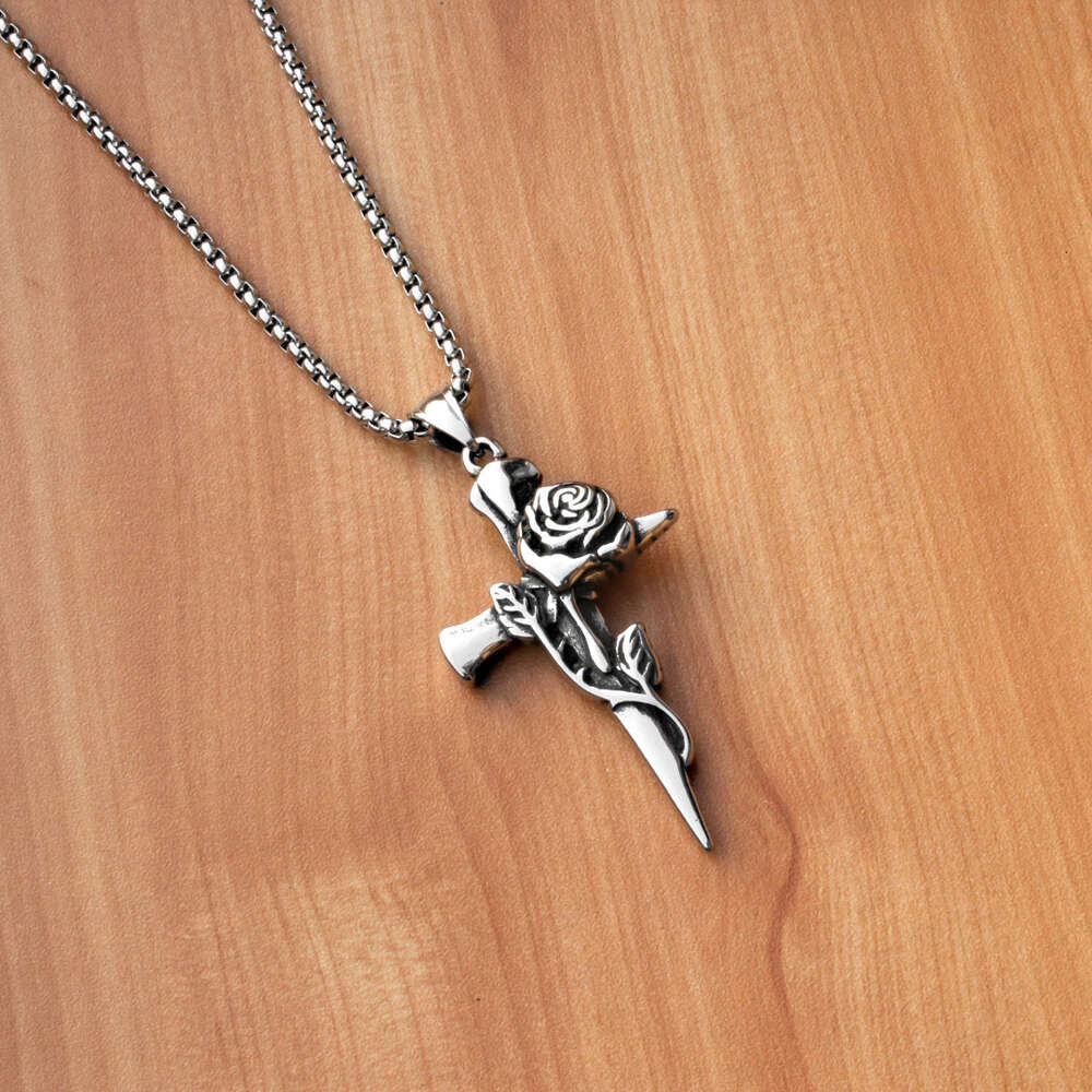 Wolf Tide 2024 Nerw Hip Hop Rose Cross Charm Necklace With Antique Silver Color Stainless Steel Chain Jewelry Necklaces Bijoux Collar Wholesale