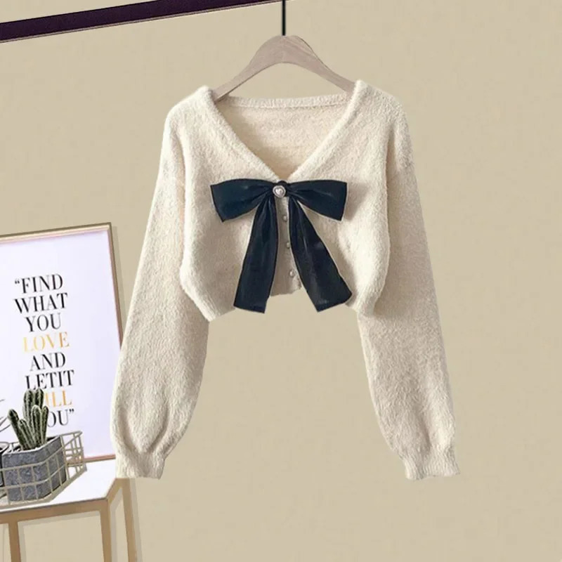 AutumnWinter Womens Matching Set Fashion Knitted Sweater Strap Skirt Two Piece Korean Elegant Pullover Dress Suit 240226wtt