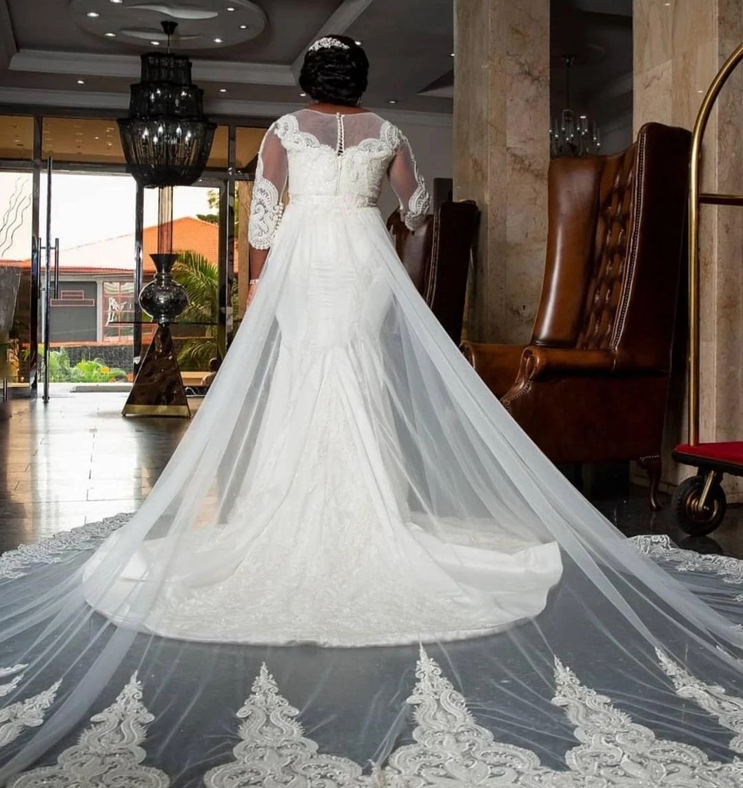 Plus Mermaid Size Wedding Dress V Neck Lace Appliques Sequins Bridal Gowns African Bride Vestidos De Novia Custom Made estidos