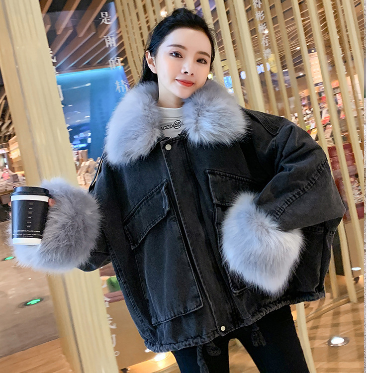 Women's Jacket Faux Collar - Casual Long Sleeve Overcoat, 100% Cotton, Blue Denim With White Fur