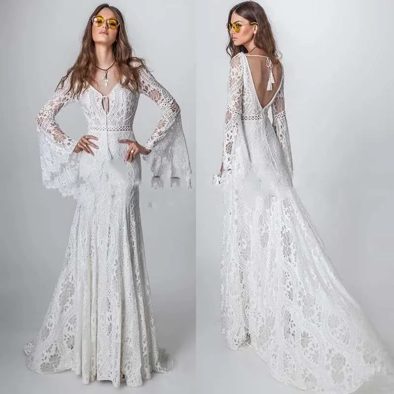 Vintage Crochet Lace Wedding Dresses With Long Sleeve V-Neck Mermaid Hippie Western Country Cowgirl Bohemian Bride Gowns Gdf