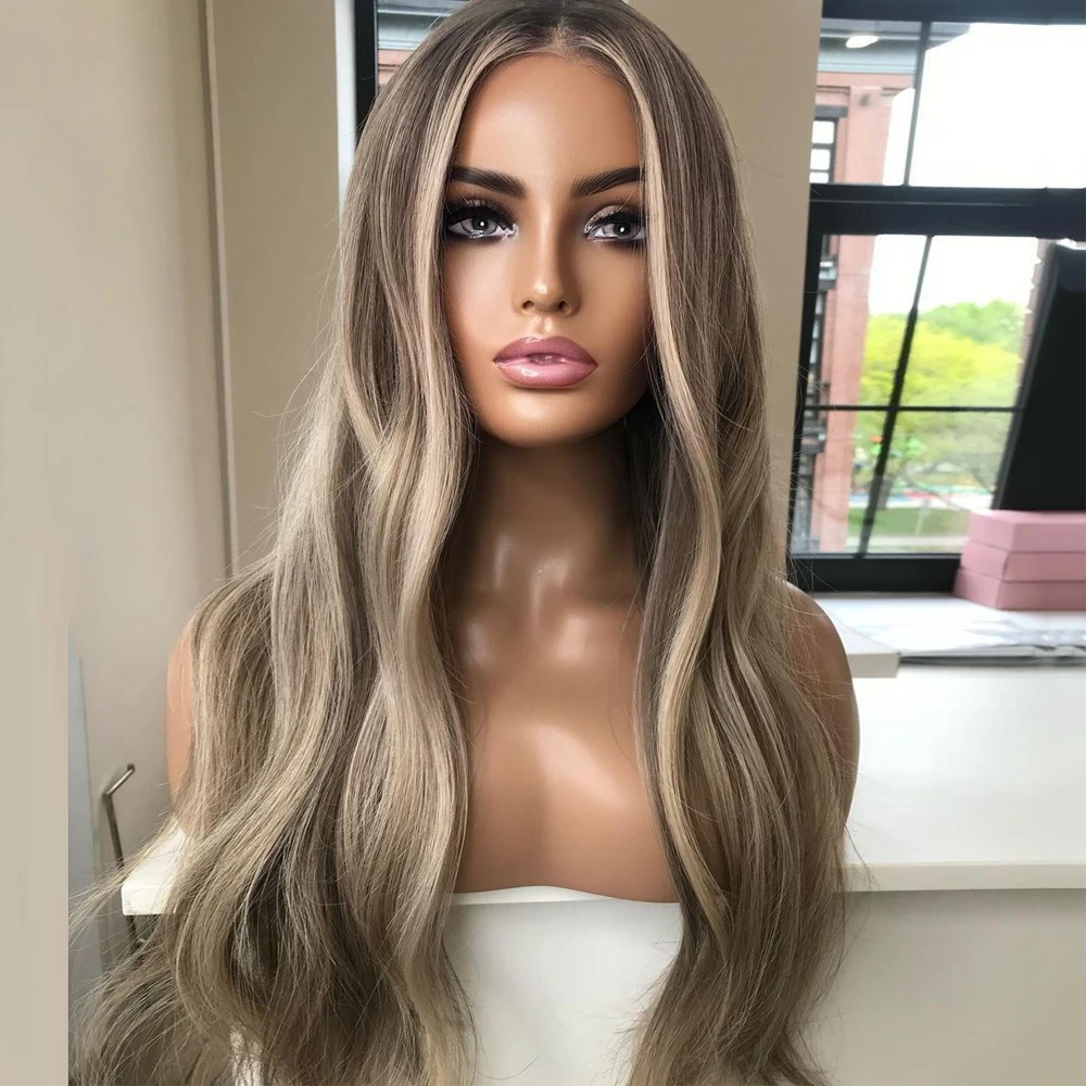 Free shipping Ash Blonde HD Highlights Full Human Hair Wigs Dark Roots e Brazilian Slight Wavy Lace Front Wig Preplucked