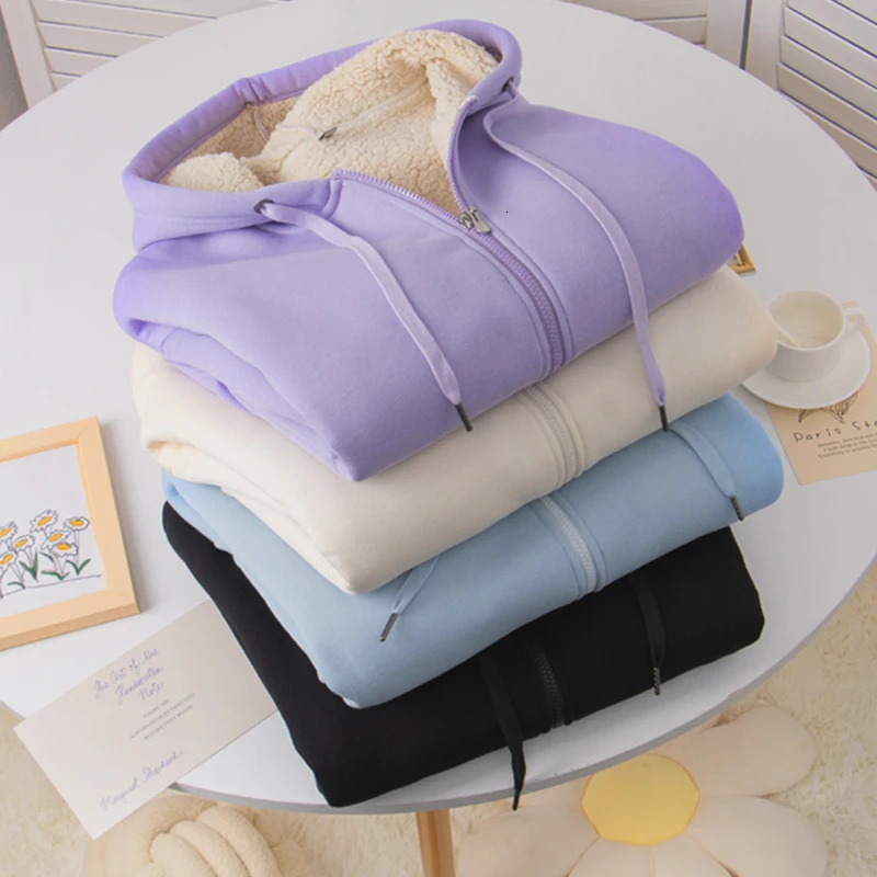 Women Fleece Thickened Warm Hoodies Printed Zipper Pocket Casual Loose Sweatshirts Cardigan Coat Autumn Winter 240223