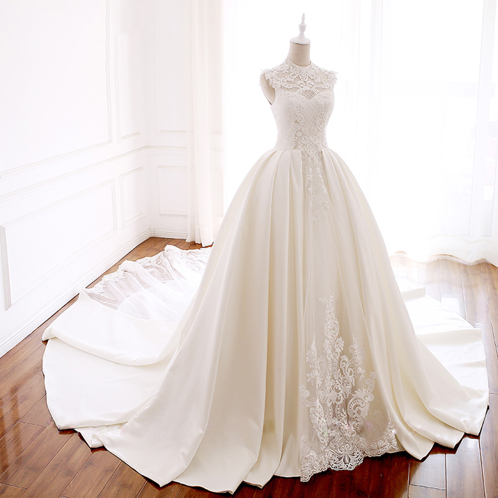 Alonlivn Classic Hollow Beading Pearls High Collar A-Line Wedding Dress Sleeveless Embroidery Lace Bridal Gowns Can Be customized