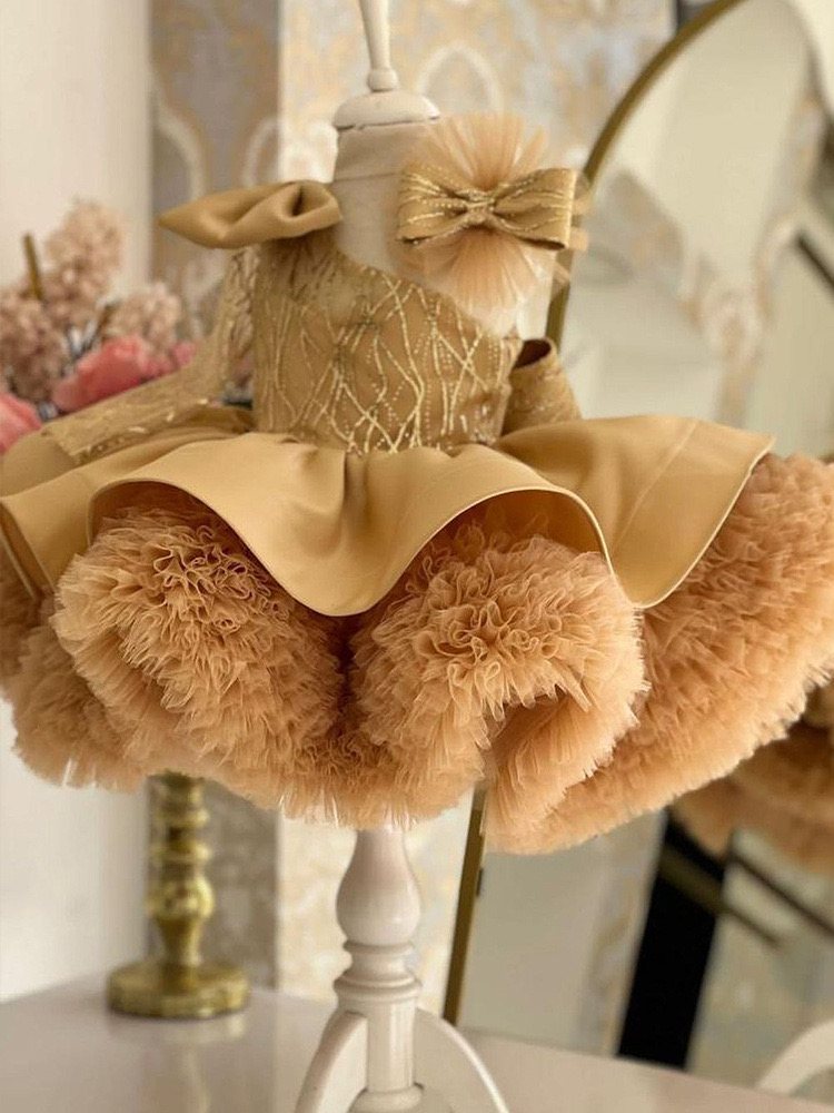 2024 Princess tutu Flower Dresses Vintage Long Sleeve Sheer Crew Neck Appliques Ruched Tulle Cute Girl Formal Party Gowns Pageant birthday party prom 