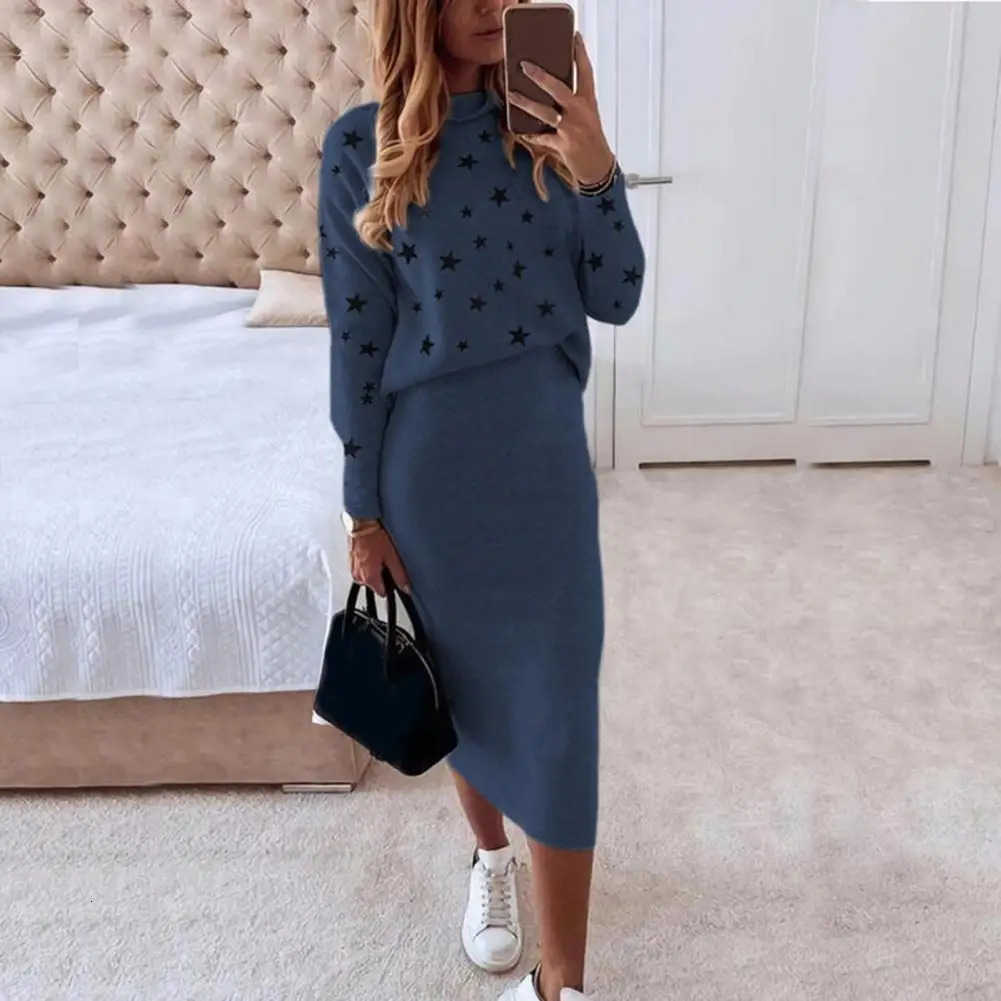 Women Skirts Casual 2 Piece Set Autumn Winter Turtleneck Long Sleeve Loose Print Top Slim Pencil Skirt Fashion Office Lady Suits 240226wtt