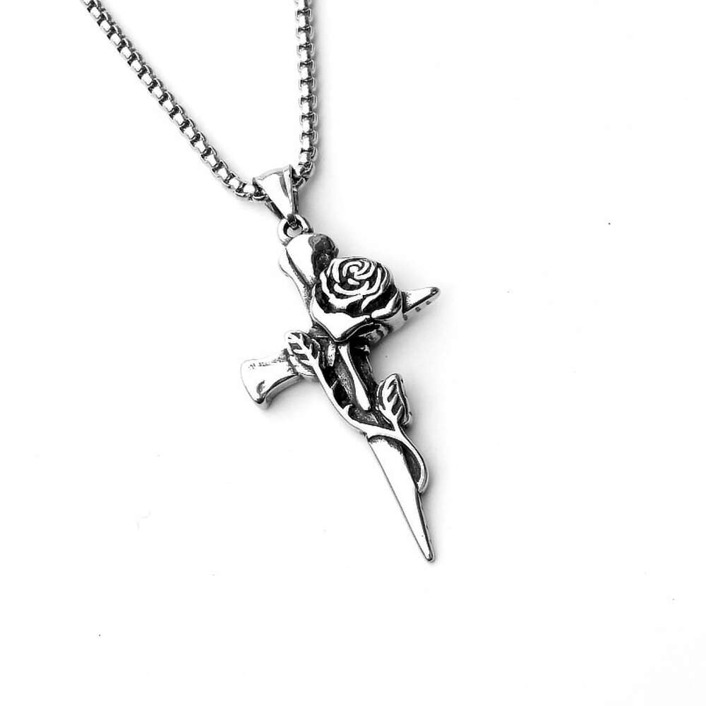 Wolf Tide 2024 Nerw Hip Hop Rose Cross Charm Necklace With Antique Silver Color Stainless Steel Chain Jewelry Necklaces Bijoux Collar Wholesale