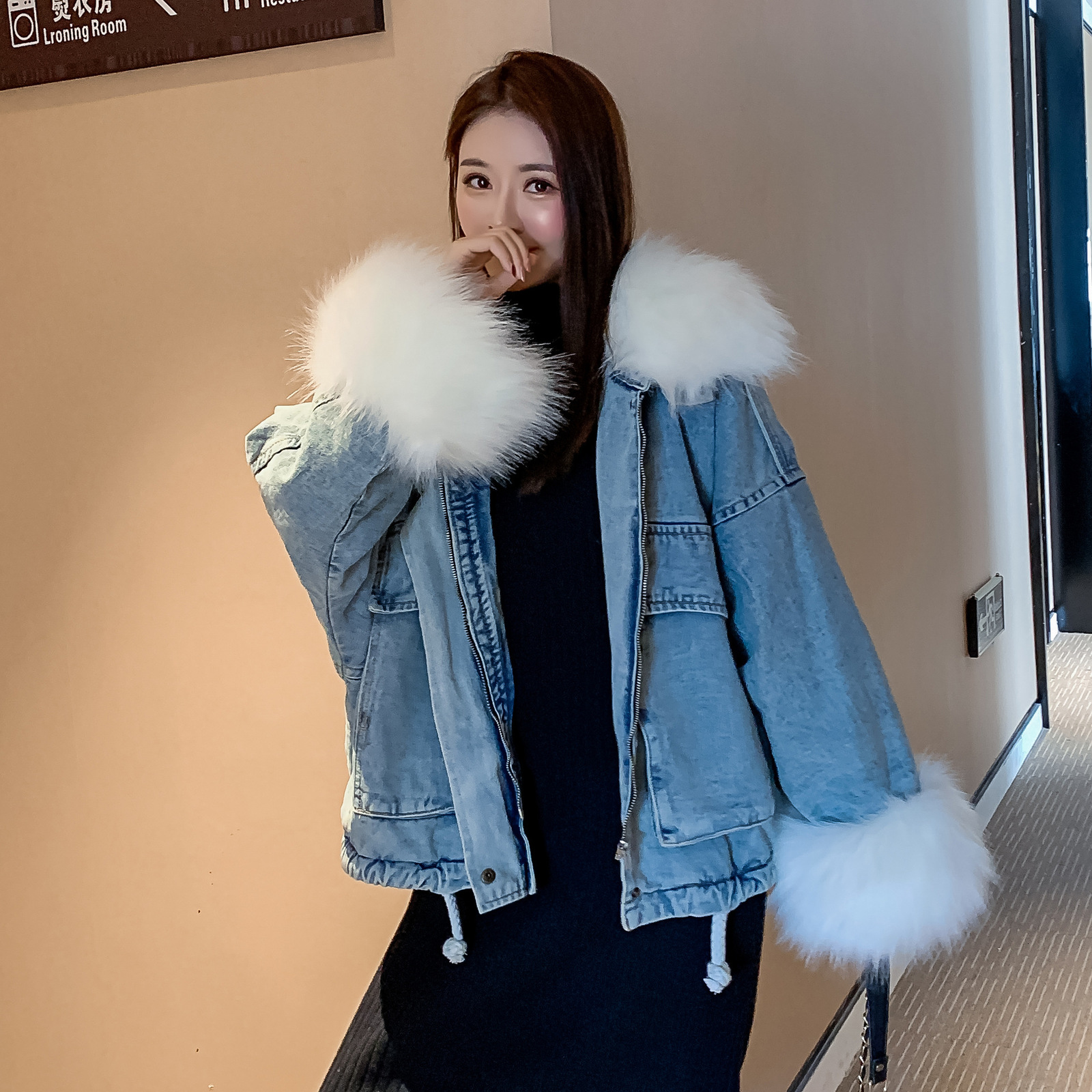 Women's Jacket Faux Collar - Casual Long Sleeve Overcoat, 100% Cotton, Blue Denim With White Fur