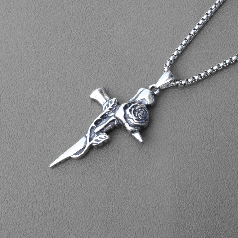 Wolf Tide 2024 Nerw Hip Hop Rose Cross Charm Necklace With Antique Silver Color Stainless Steel Chain Jewelry Necklaces Bijoux Collar Wholesale