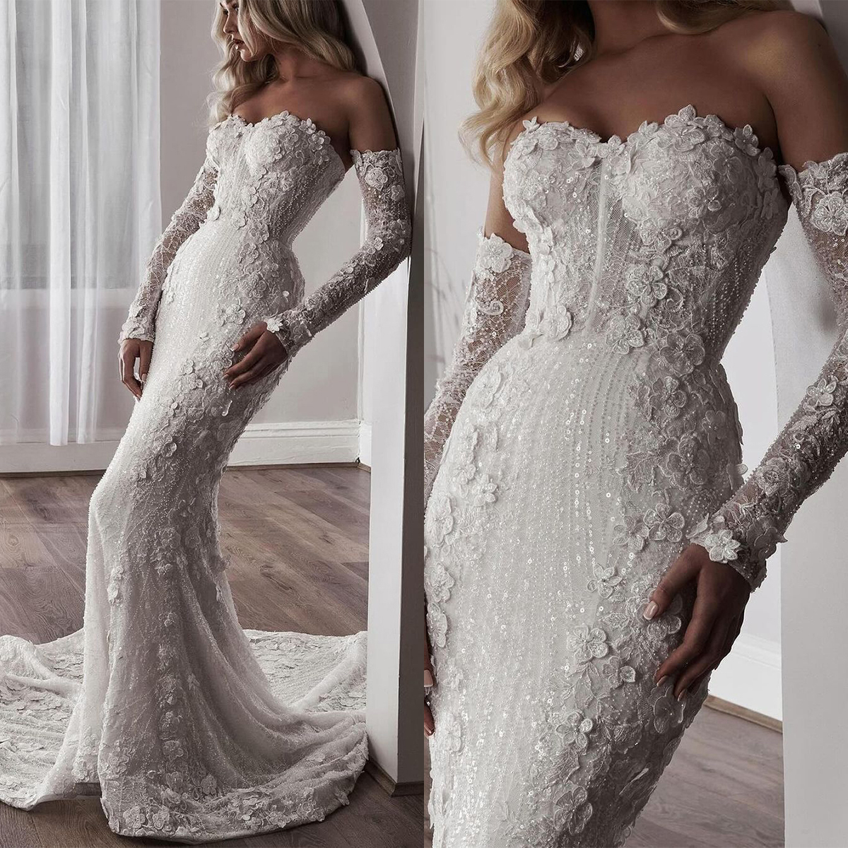 Mermaid Wedding Vintage Dress Sweetheart Neck Removable Sleeves Bridal Gowns Appliques Sequins Sweep Train Dresses Custom Made Vestidos De Novia Es