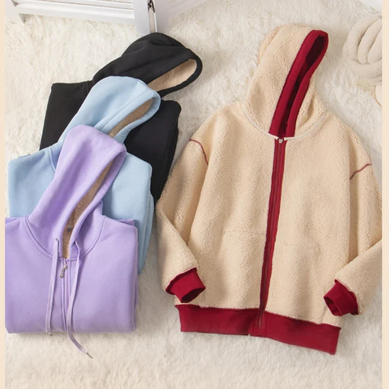 Women Fleece Thickened Warm Hoodies Printed Zipper Pocket Casual Loose Sweatshirts Cardigan Coat Autumn Winter 240223