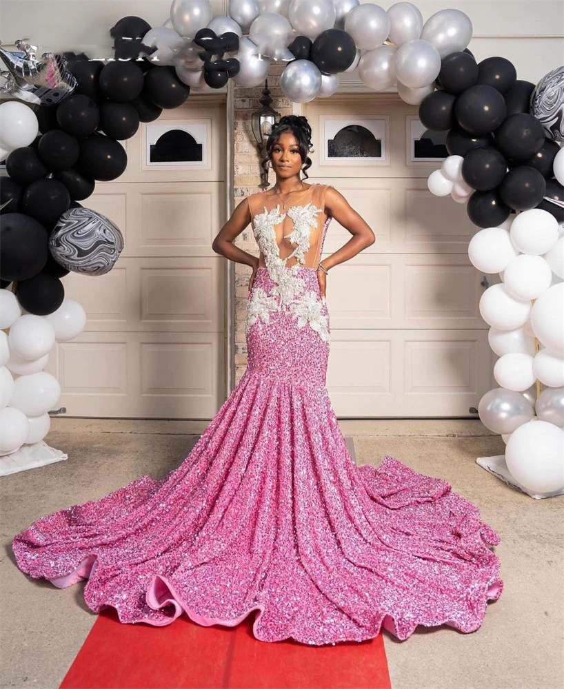 Pink Sheer O Neck Long Prom Dress For Black Girls 2024 Appliques Birthday Party Dresses Sequined Evening Gowns Mermaid Robe De Bal