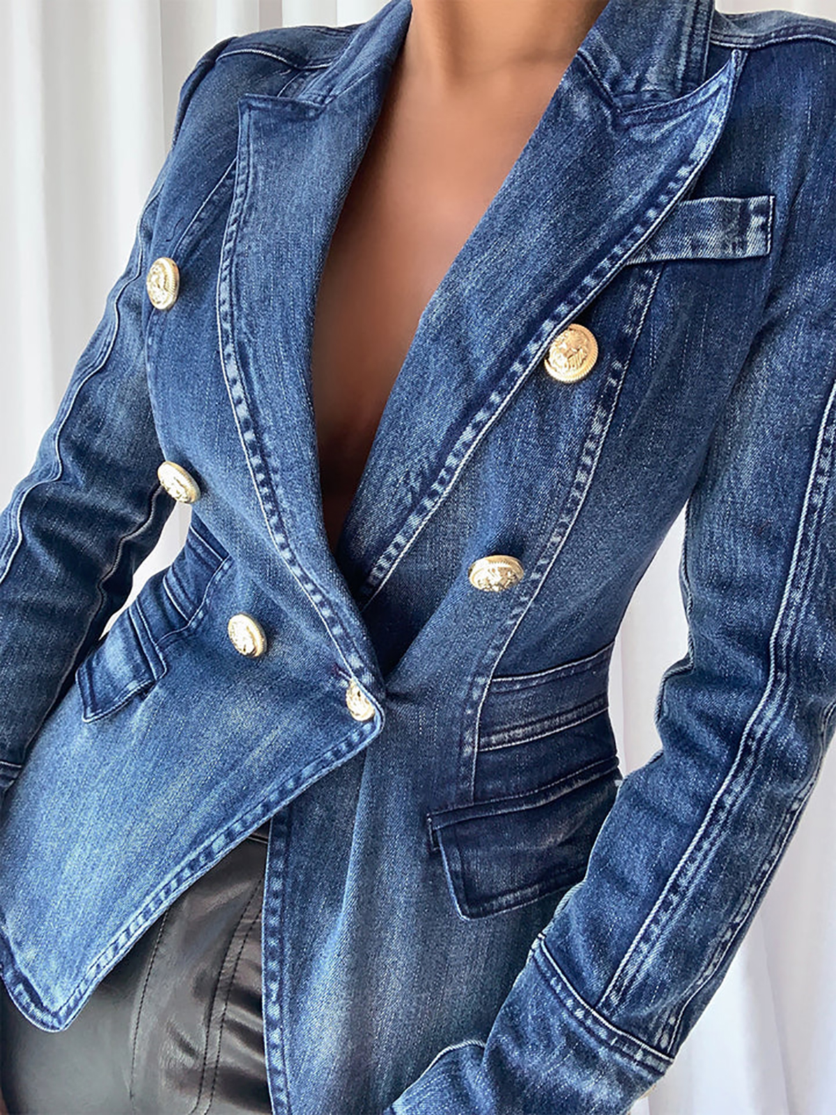 Blue Denim Women Dress Custom Made Slim Fit Double Breasted Fashion Show Ladies Blazer Jacket Guest Wear One Piece