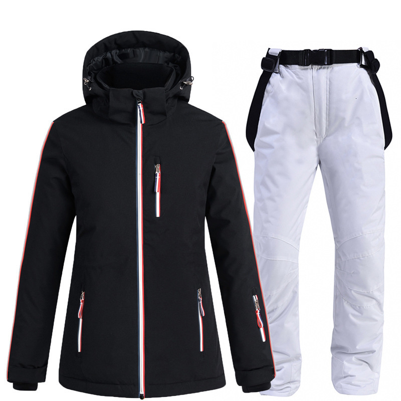 -30 Pure Color Ski Suit For Women Windproof Waterproof Snowboard Jacket Sets Winter Snow Costumes Ski Jacket + Strap Snow Pants 220121