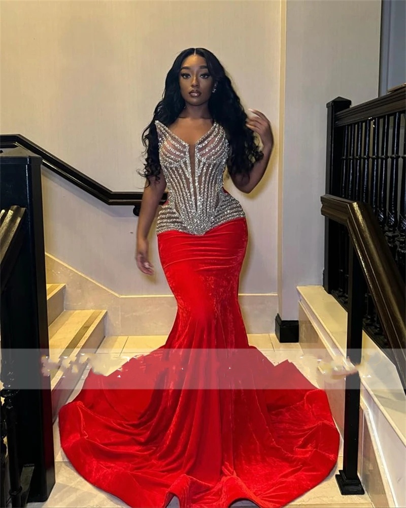 Red Veet V Neck Long Prom Dress For Black Girls Beaded Birthday Party Dresses Mermaid Evening Gowns Robe De Bal