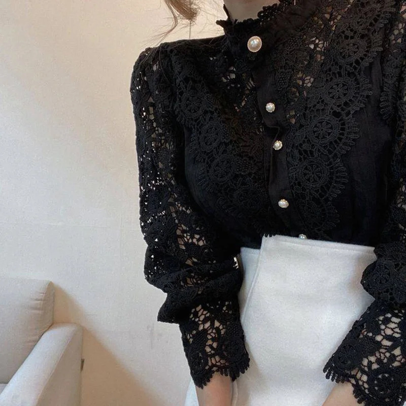 Vintage White Lace Blouse Shirts Women Korean Button Loose Shirt Tops Female Hollow Casual Ladies Blouses Blusas 12419 240226