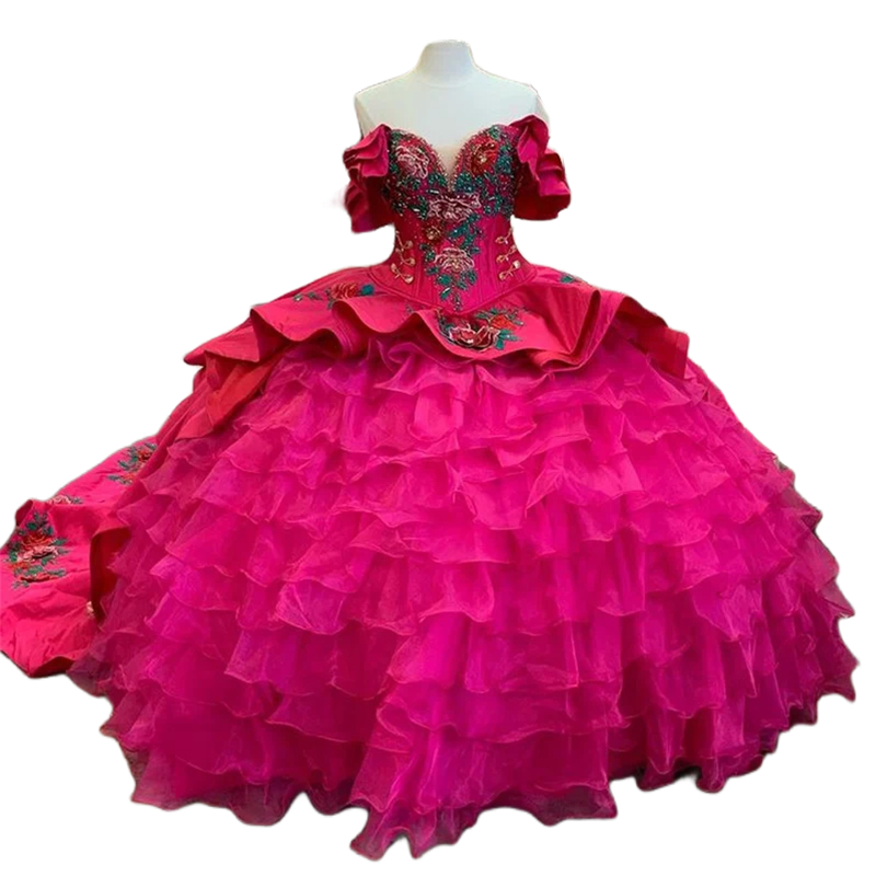 2024 Embroidery Mexican Quinceanera Dresses Princess Ball Gown Prom Dress Tiered Ruched Satin Organza Fuchsia Sweet 15 Gowns Vestido De 15 Anos