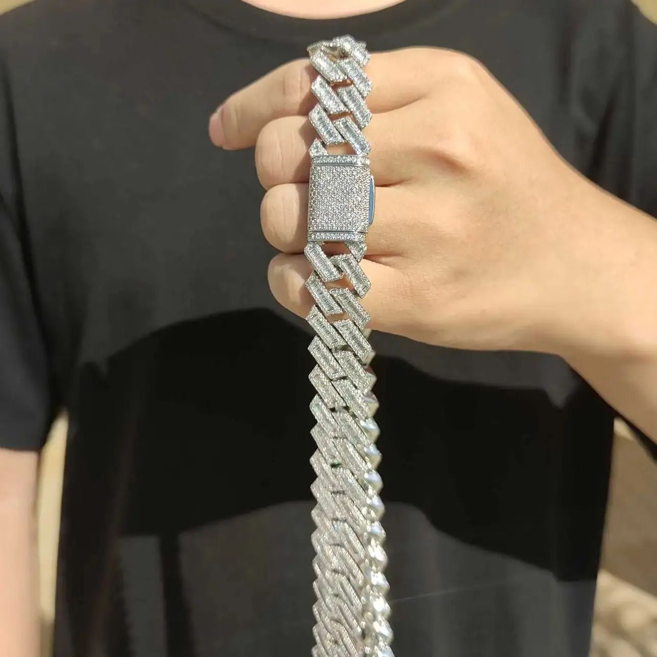 14mm Baguette CZ Miami Cuban Link Chain Cubic Zirconia Copper Silver Plated 7-24 with Iced Lock Hip Hop Jewelry for Men Boy 240226