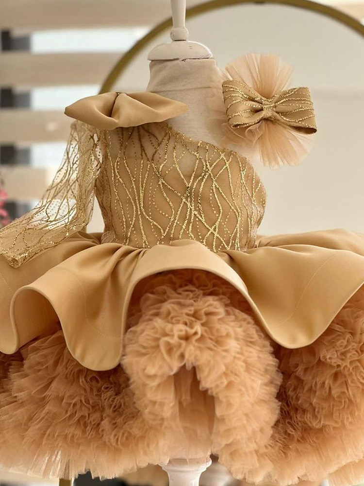 2024 Princess tutu Flower Dresses Vintage Long Sleeve Sheer Crew Neck Appliques Ruched Tulle Cute Girl Formal Party Gowns Pageant birthday party prom 