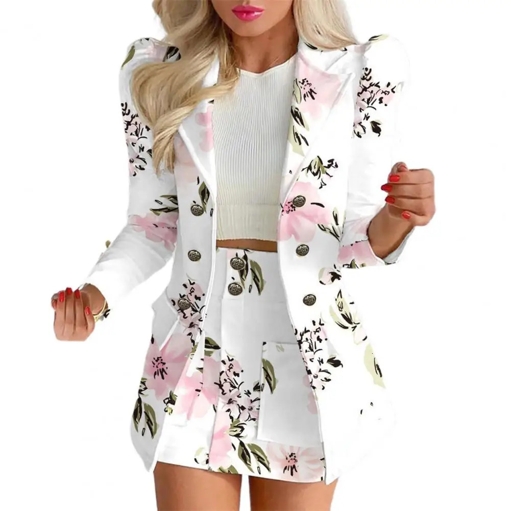Women Coat Skirt Set Two Pieces Suit Flower Check Print Elegant High Waist OL Style Commute Blazer 240226wtt
