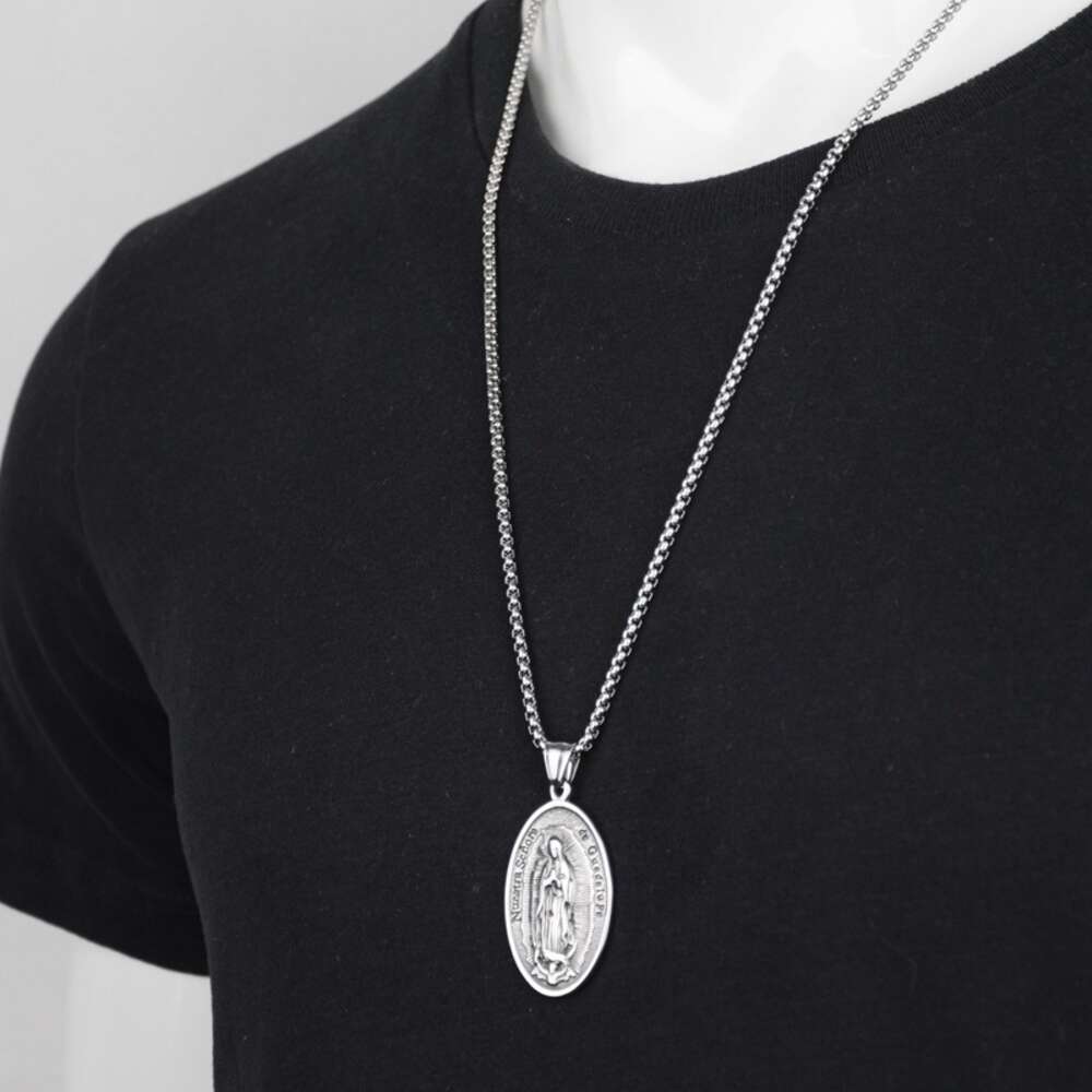 Wolf Tide New Jewelry Virgin Mary Oval 3d Pendant Necklace Antique Silver Color With Steel Chain Christian Religious Jewelry Accessories Wholesale Col
