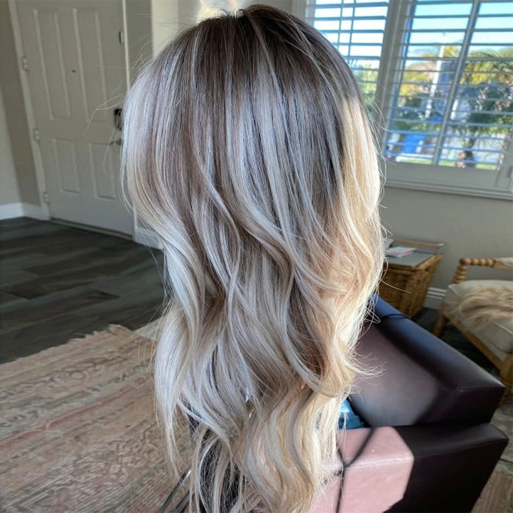 Ash Blonde Body Wave 13X4 Front Human Hair Transparent Dark Grey Colored Remy Lace Frontal Synthetic Wig for Women