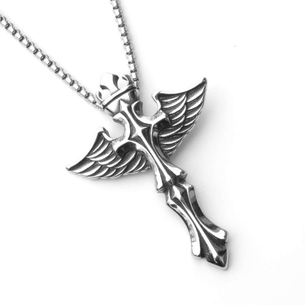 Wolf Tide Angel Wings Cross Pendant Necklace With Titanium Stainless Steel Chain Personalized Collar Bijoux Rock Gothic Hip Hop Jewelry Accessories Wh