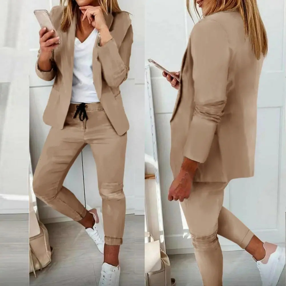 Ladies 1 Set Attractive Open Stitch Blazer Elastic Waist Trousers Autumn Winter Formal Suit Long Sleeve for Office 240226wtt