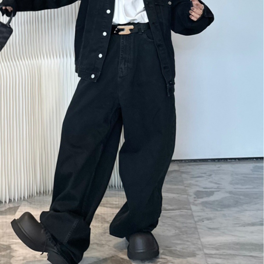 Bale Slight Wrinkling Soft Black Denim Fabric Pants Workwear Pants Casual Loose Fit Pants Men Causal Jeans