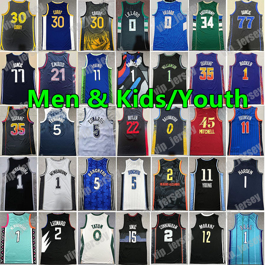 Men Kids Basketball Jersey 30 Stephen Curry 1 Wembanyama damian lillard LaMelo Ball Ja Morant Jimmy Butler Tatum Devin Booker Kevin Durant Luka Doncic Antetokounmpo