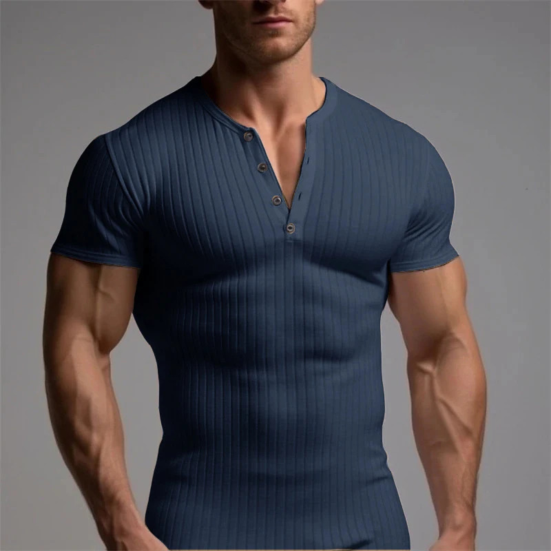 Casual Ribbed Solid Color Mens T-shirts Leisure O Neck Button Short Sleeve T Shirt Summer Men Sports Fashion Plain Tee Pullovers 240223