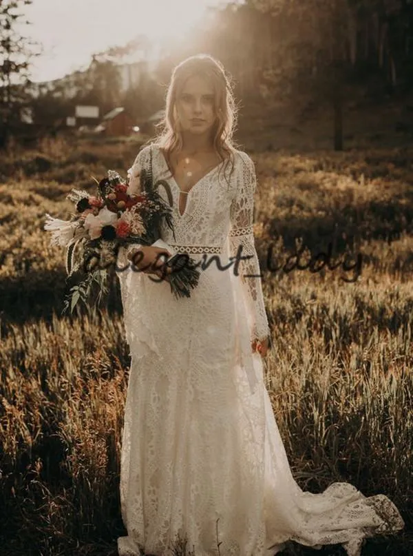 Vintage Crochet Lace Wedding Dresses With Long Sleeve V-Neck Mermaid Hippie Western Country Cowgirl Bohemian Bride Gowns Gdf
