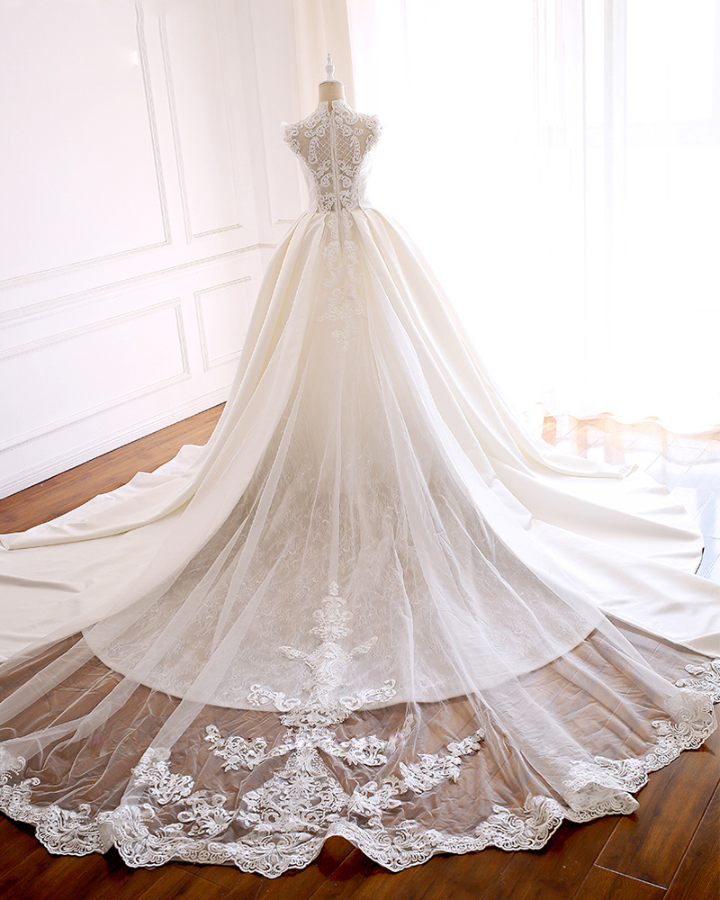 Alonlivn Classic Hollow Beading Pearls High Collar A-Line Wedding Dress Sleeveless Embroidery Lace Bridal Gowns Can Be customized