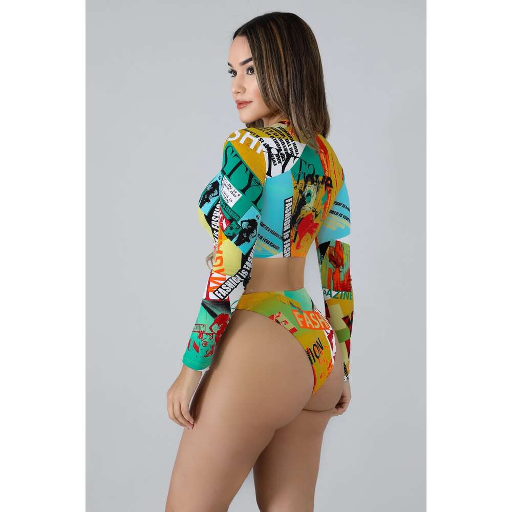 2024 New Long Sleeved Zipper Bikini High Waist Women's Split Conservative Sunscreen Beach Swimsuit