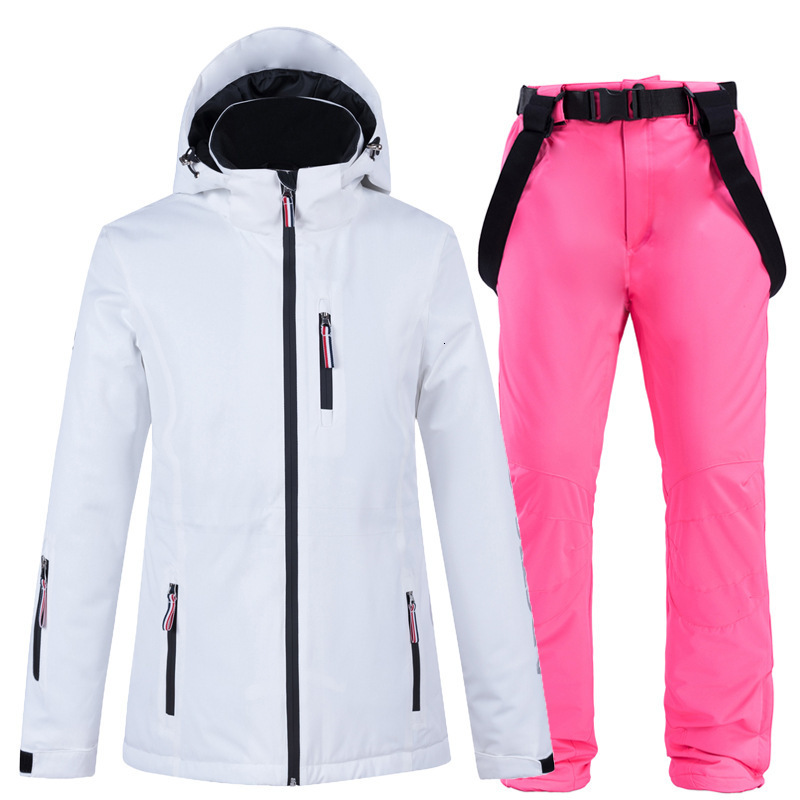 -30 Pure Color Ski Suit For Women Windproof Waterproof Snowboard Jacket Sets Winter Snow Costumes Ski Jacket + Strap Snow Pants 220121