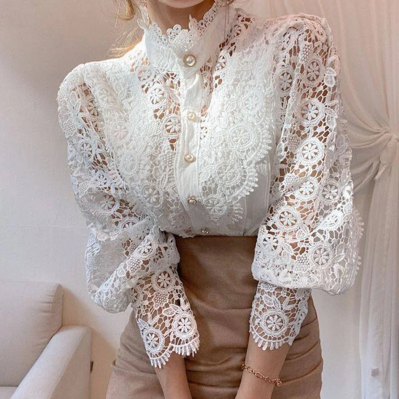 Vintage White Lace Blouse Shirts Women Korean Button Loose Shirt Tops Female Hollow Casual Ladies Blouses Blusas 12419 240226