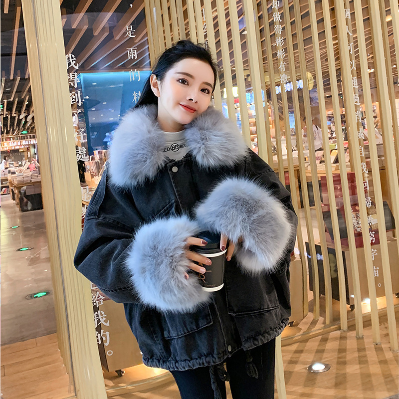 Women's Jacket Faux Collar - Casual Long Sleeve Overcoat, 100% Cotton, Blue Denim With White Fur