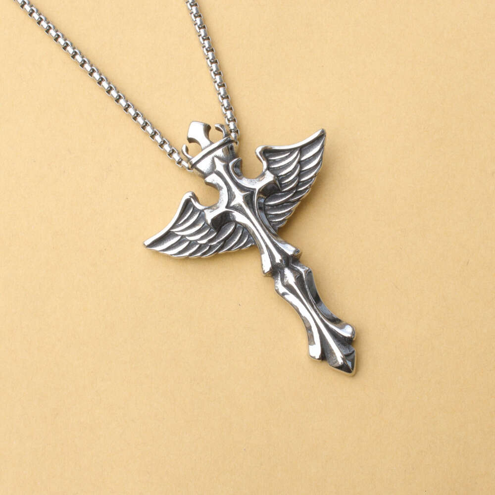 Wolf Tide Angel Wings Cross Pendant Necklace With Titanium Stainless Steel Chain Personalized Collar Bijoux Rock Gothic Hip Hop Jewelry Accessories Wh