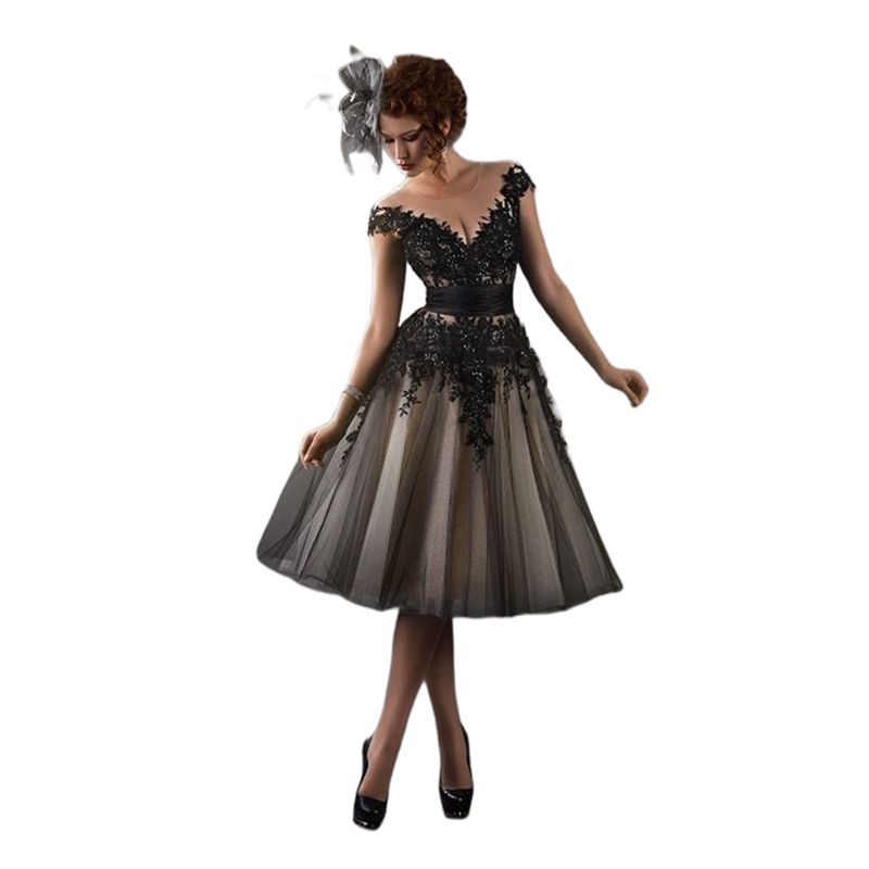 2024 Classic Black A Line Wedding Dress Beaded Lace Appliques Tea Length Bridal Gowns Illusion Neck Short Sleeves Garden Vestido De Novia