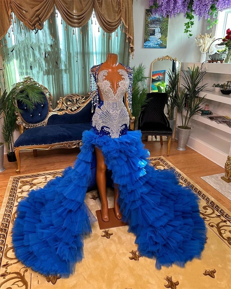 Royal Blue Long Prom Dress for Black Girls 2024 Beaded Crystal Tassel Birthday Party Gown Sequin Ruffle High Slit Evening Gowns