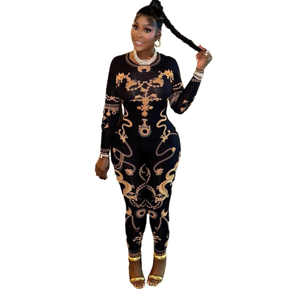 Vintage Print Jumpsuits Women Fashion Crew Neck Bodycon Slim Long Playsuit Rompers Free Ship