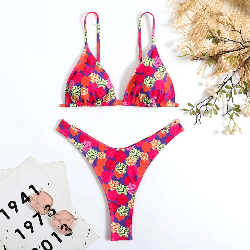 2024 New Bikini Three Piece Set Instagram Sexy Spicy Girl Backless Strap Printed Swimwear