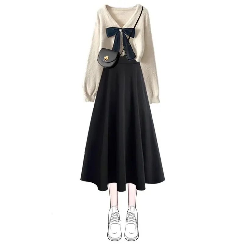 AutumnWinter Womens Matching Set Fashion Knitted Sweater Strap Skirt Two Piece Korean Elegant Pullover Dress Suit 240226wtt